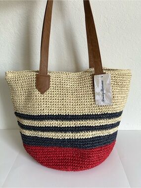 Tommy Bahama Red, Navy & Cream Straw Tote with Brown Handles